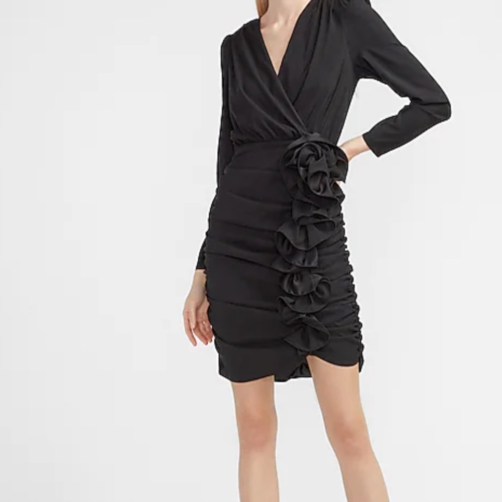 NWT- Express Black Ruched Ruffle Dress, Size M